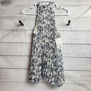 Frenchi Floral Print Collared Pleated Tank Blue White Women's Small